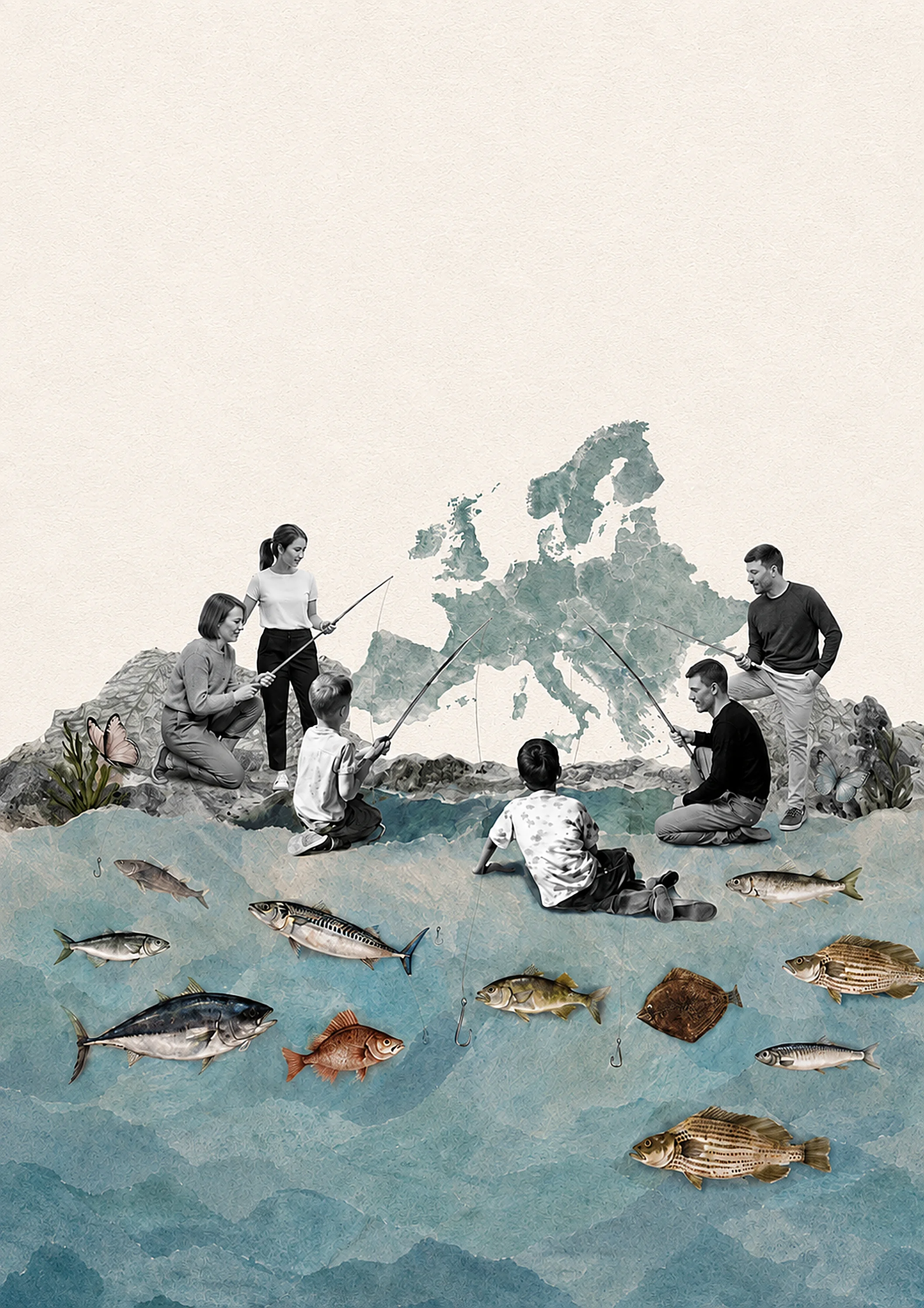 Ilustrație colaj: oameni pescuind deasupra hărții Europei — pescari de oameni